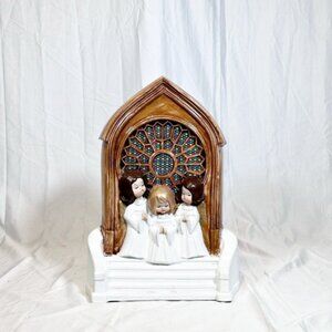 Vintage 70s Ceramic Lighted Christmas Choir Angels Stained Glass Cathedral